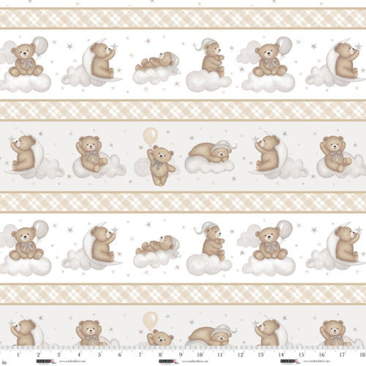 Fabric Studio E Oatmeal/Gray Border Stripe Sleepy Teddy by the Quarter Yard 8525-34